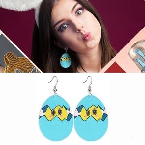 3/$15 Easter Spring Chick in Egg Light Blue Easter Egg Faux Leather Earrings